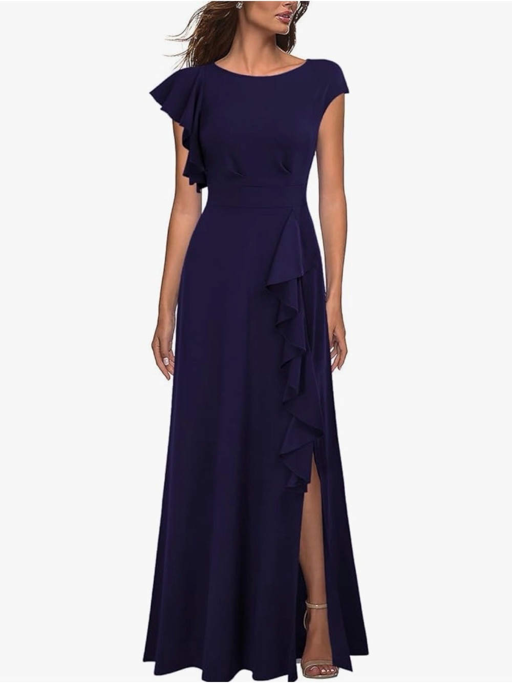 Elegant Navy Ruffle-Side Maxi Dress by